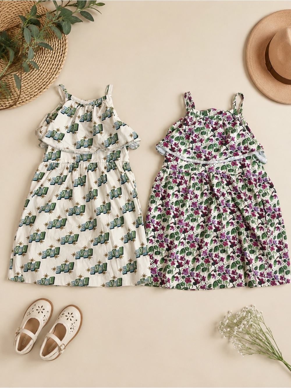Girls Kate Quinn Floral Tiered Sundress in White, Green, Purple - floral, bowl